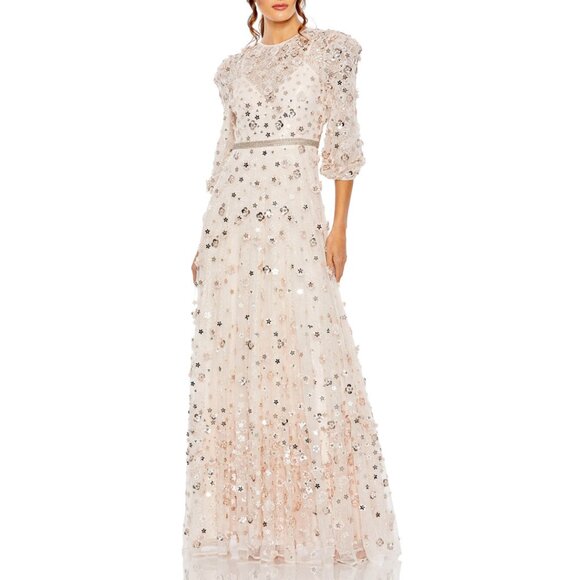 Mac Duggal 93805 Size 20 Pink Floral Puff Sleeve High Neck A-Line Gown Dress - Picture 2 of 4